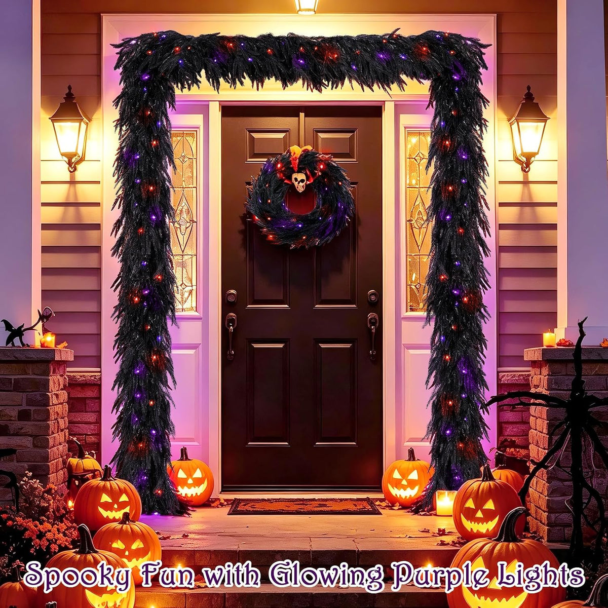 9ft soft touch black norfolk pine halloween garland, front angle view