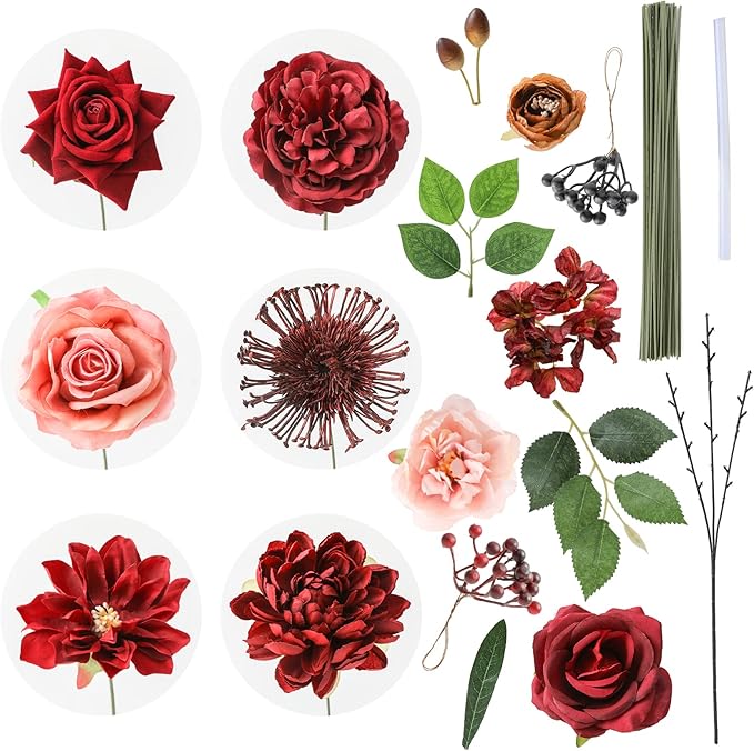 Artificial Flowers Combo Box Set Burgundy Silk Flowers for DIY Wedding Bouquet Arrangements Bridal Shower Party Home Decorations (Mature Burgundy)