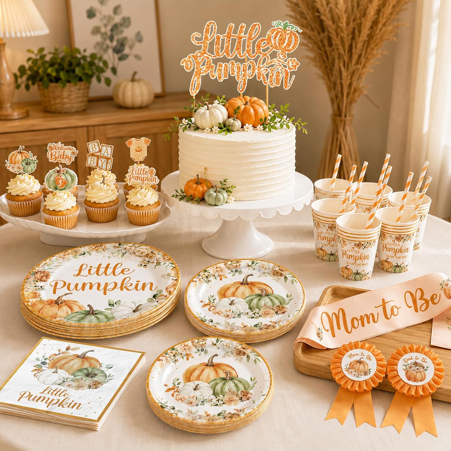 Little Pumpkin Baby Shower Decorations for Boy or Girl,275pcs Fall Baby Shower Plates and Napkins Cups Backdrop Tablecloth Topper Balloon for A Little Pumpkin Is On The Way Baby Shower Decorations