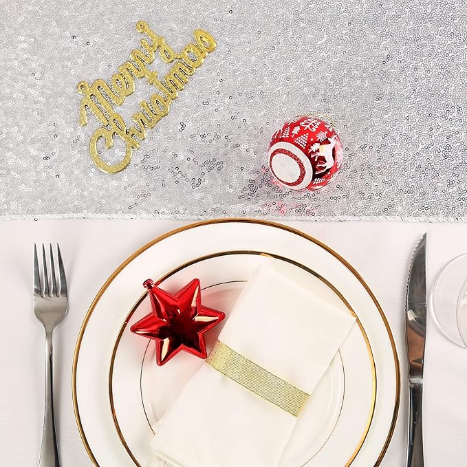 Silver Table Runner 10 Packs 12x72 Inch Sequin Glitter Table Runner for Rectangle Tables for Birthday Banquet Wedding Baby Shower Party Decorations