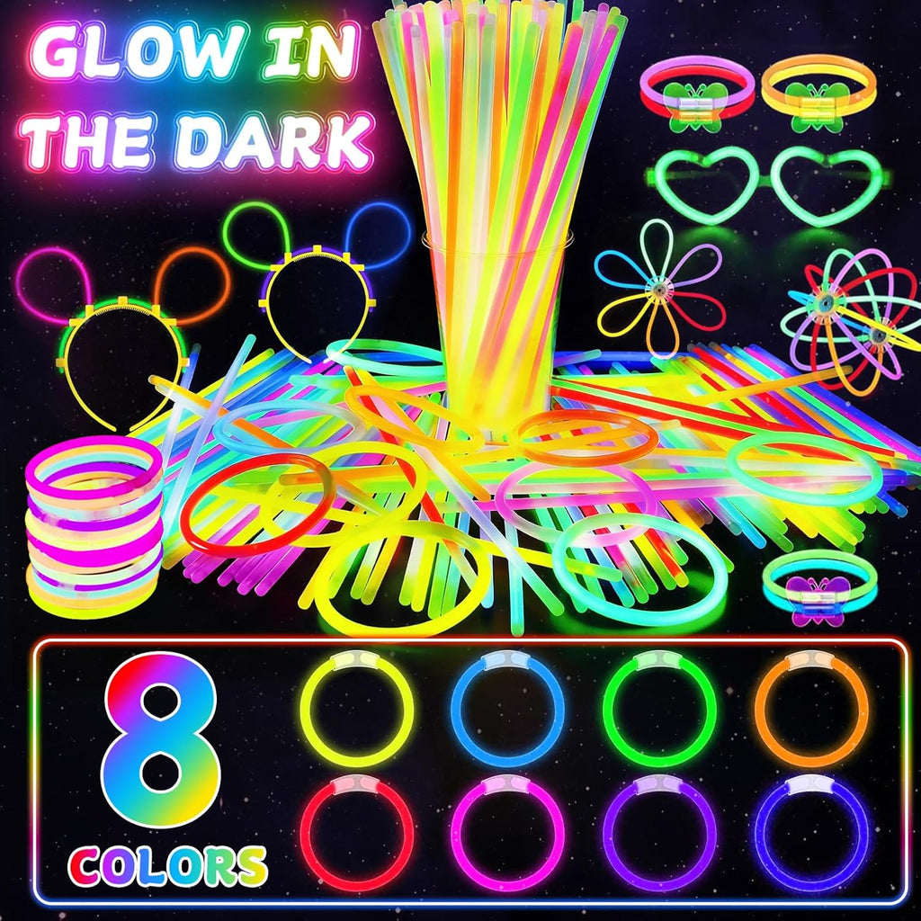 SHQDD 100 Glow Sticks Bulk Party Pack, 8” Neon Glow Sticks, DIY Glowsticks with Connectors Bracelets & Necklaces, Glow in the Dark Party Supplies for Kids, Adults, Parties, 4th of July & Halloween
