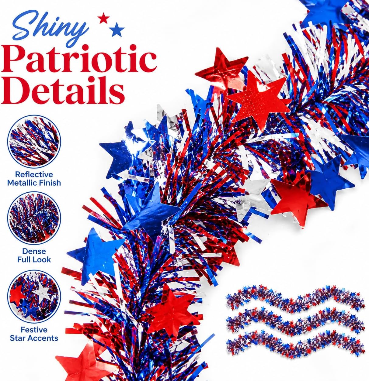 RAINFLOW Patriotic Tinsel Garland 4th of July Decorations - 5 Pack 32.8FT Red White Blue Star Metallic Decor for Parade Golf Cart Car Tree Party Outdoor Independence Day Memorial Day