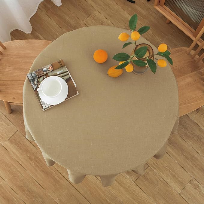 NLMUVW Round Linen Tablecloth 48 Inch, Tan Table Cloth Farmhouse Water Resistant Decorative Table Cover for Dining Kitchen Cafe Party