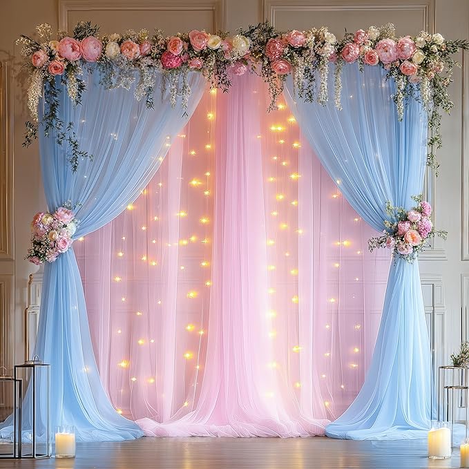 10×10ft Pink Blue Tulle Backdrop Curtain with Lights String for Parties, Sheer Photo Backdrop Curtains for Wedding Party Photography Background