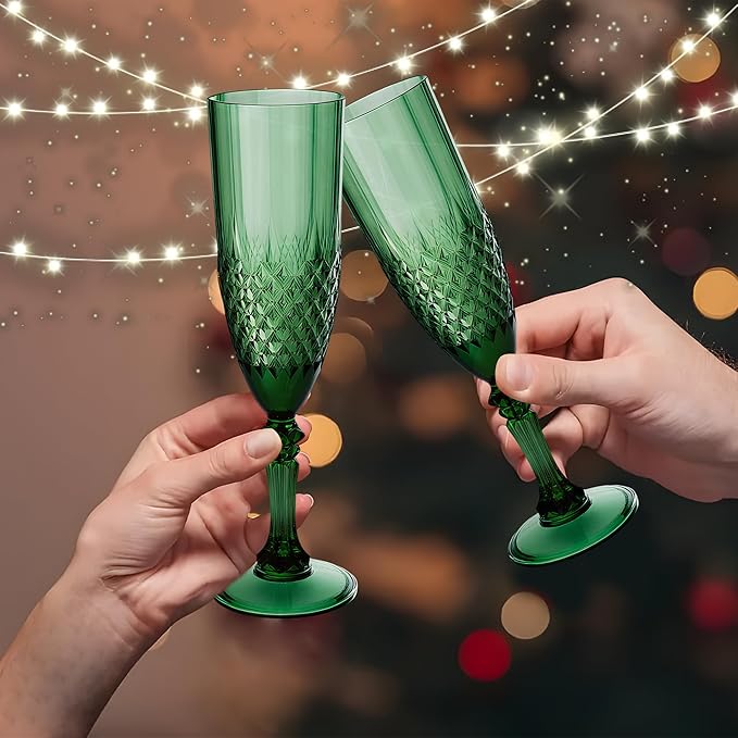 Plastic Champagne Flutes, 24PCS Dark Green Wine Glasses Goblets Cups Reusable Flute, for Christmas Weddings Bachelor Parties Toasting and Events(24, Dark Green)