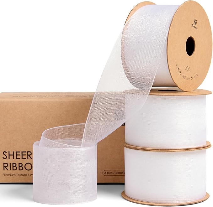 Vitalizart White Organza Ribbon 1.5" x 30 Yd Sheer Ribbons for Gift Wrapping Crafts Christmas Party Decor Bows Wedding Invitations Wreaths Bouquet