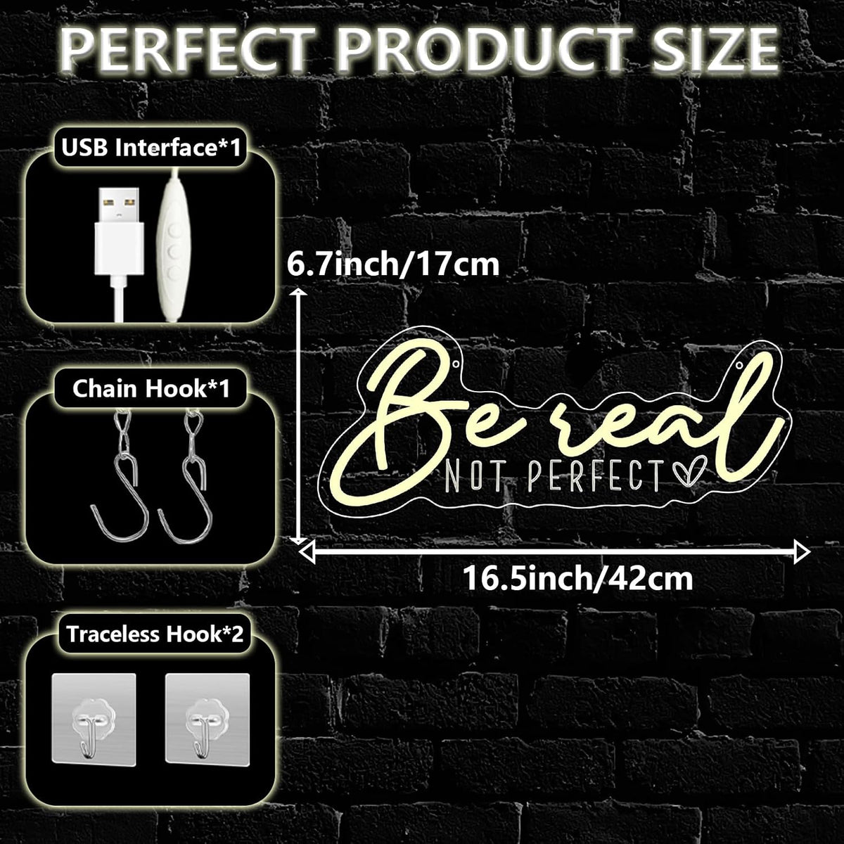 be real not perfect neon sign for wall showing dimensions