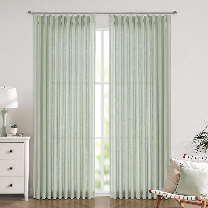 Vision Home Soft Green Pinch Pleated Semi Sheer Curtains Textured Linen Blended Light Filtering Window Curtains 102 inch for Living Room Bedroom Patio Pinch Pleat Drapes with Hooks 1 Panel 60"Wx102"L