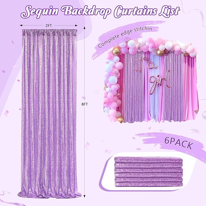 Backdrop Curtains Light Purple Sequin Photo Background Drapes 6 Pieces 2ftx8ft Glitter Lavender Fabric Wedding Party Decor