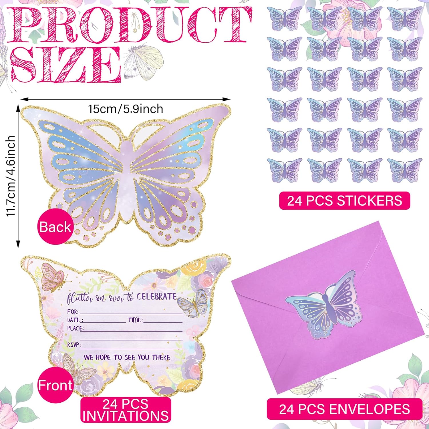 Hotop 24 Sets Butterfly Birthday Invitations with Stickers and Envelopes for Kids Girls, Cute Butterfly Party Invitations Cards for Birthday Baby Shower Party Favors Supplies, 4x6 Inch