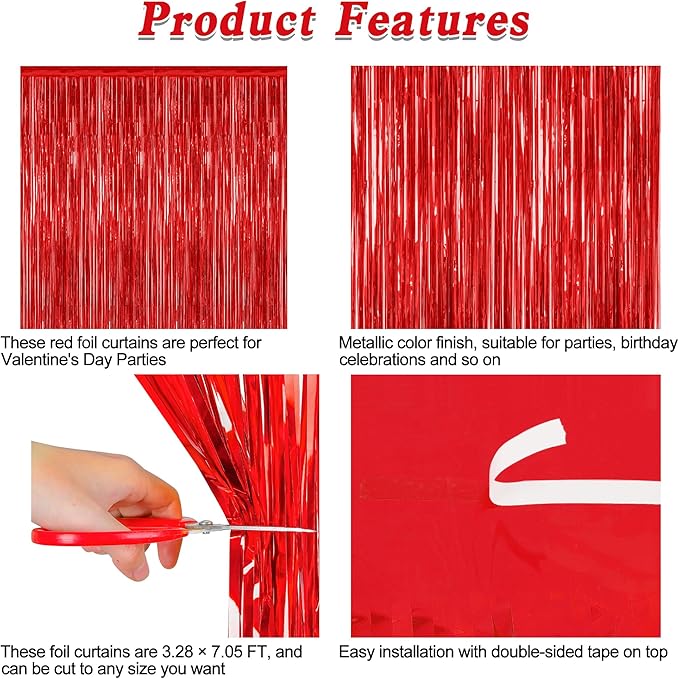 12 Pack Red Curtains, 3.28 FT x 7.05 FT Party Streamer, Metallic Party Backdrop Birthday Streamer Foil Curtains, Fringe Tinsel for Red Party Decor Casino Theme Decorations Party Supplies