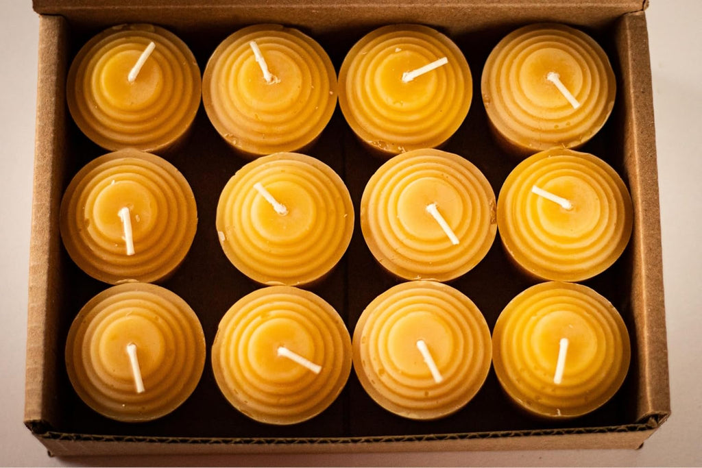 100% Pure Beeswax Votive Candles - USA-Sourced Handmade Votives for Home, Christmas, and Advent, Smokeless Unscented 12 Candle Set with Natural Honey Aroma, 1.96 x 1.77 Inches, by BeeTheLight