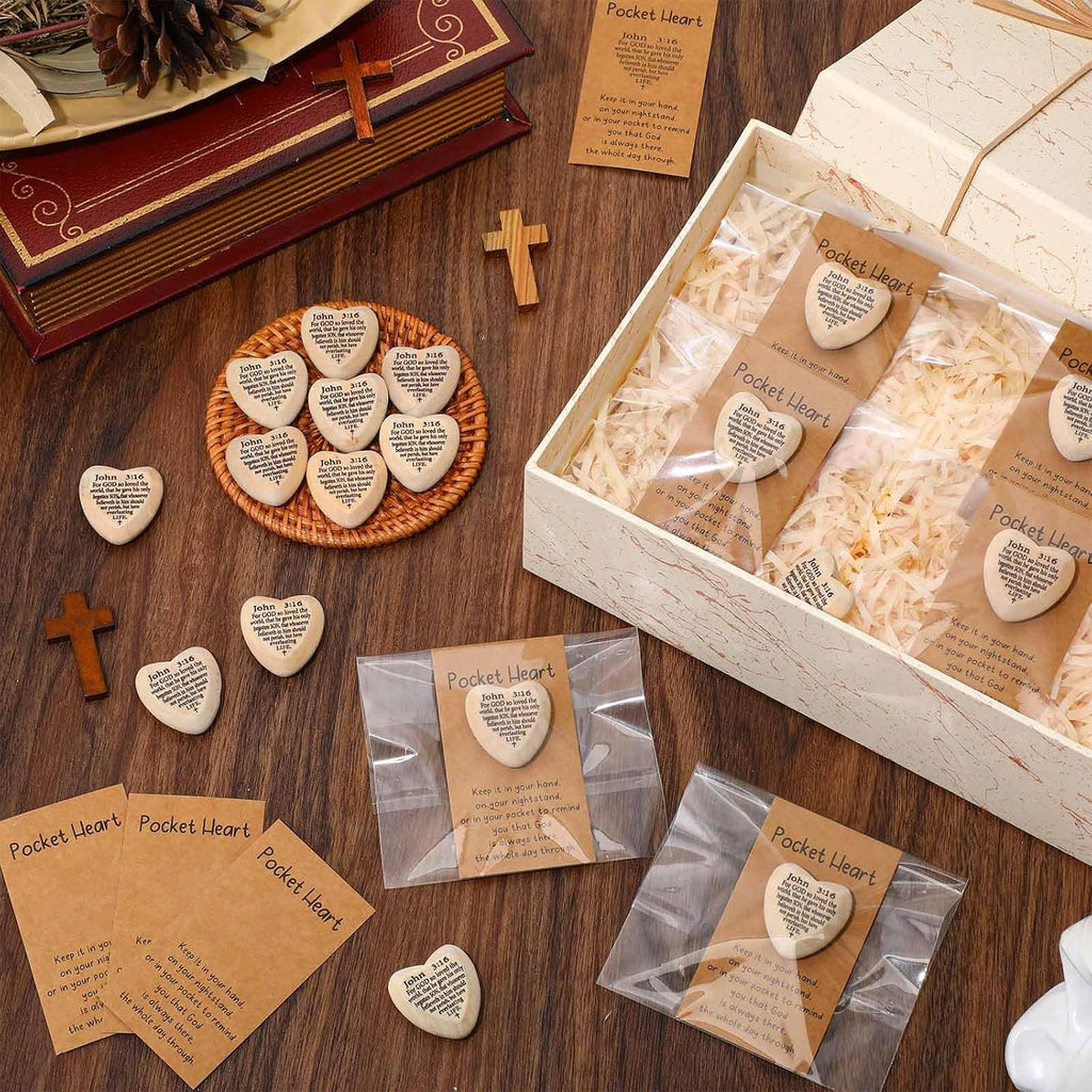 Leinuosen Christian Gifts John 3: 16 Pocket Hug Heart Token Wooden Bible Verses Token with Prayer Cards for Church Supplies(30 Set,Wood)