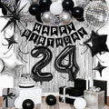 24th Birthday Decorations for Men Women, Black Silver Happy Birthday Party Decorations， 24 Year Old Party Supplies with Number 24 Balloons, Banner, Fringe Curtains Kit
