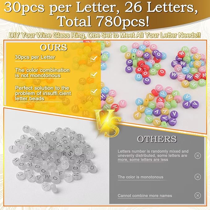 60 Sets DIY Wine Glass Charms – 780 Letter Beads 120 Gold Beads 60 Charm Rings 2 Tweezers, Drink Identifier Charms Wine Glass Marker Tags for Wedding Cocktail Bachelorette Party Decoration (Colorful)
