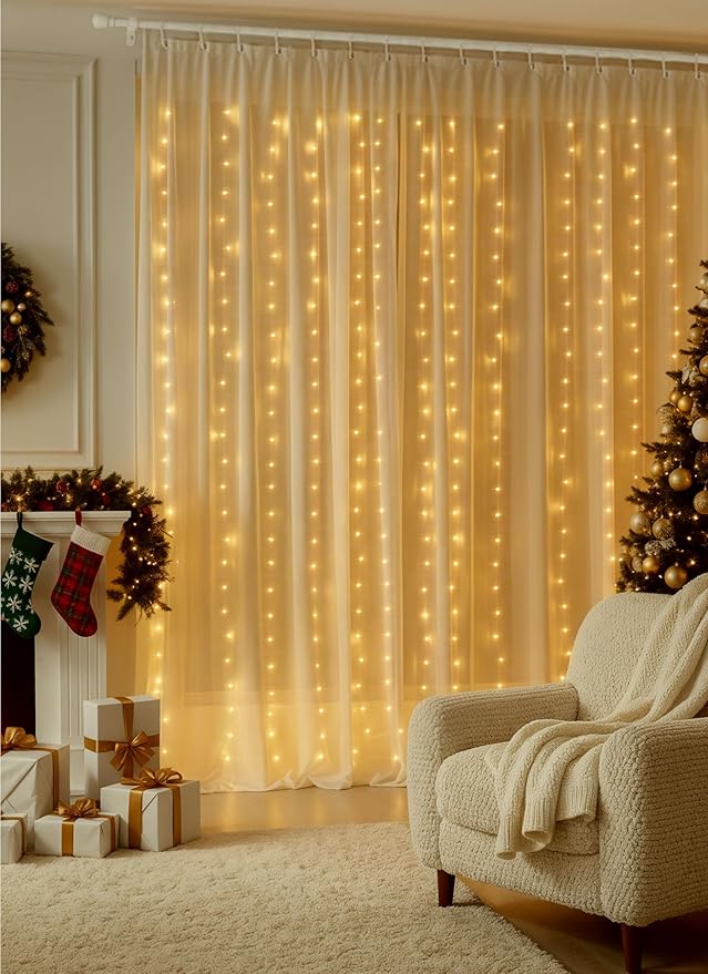 Brightown 300 LED Curtain String Lights, 9.8 FT Hanging Fairy Lights with Remote, 8 Modes, Waterproof Window Lights for Bedroom Backdrop Wedding Outdoor Party Christmas Decorations