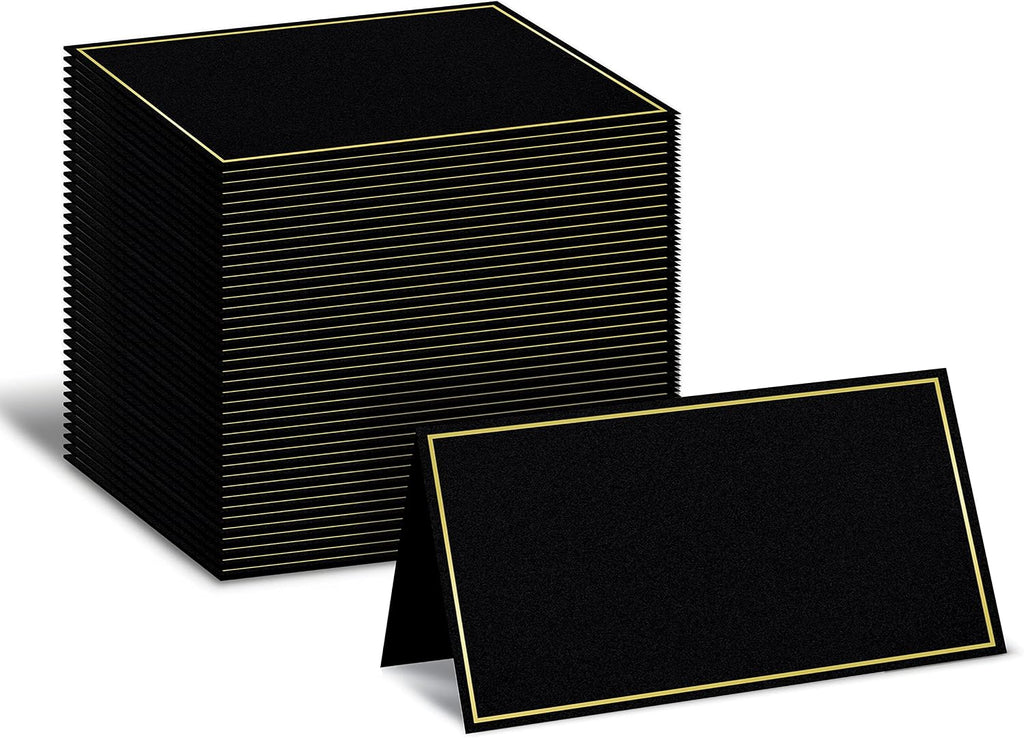Better Office Products 100 Pack Gold Metallic Border Place Cards, 2 x 3.5 in, Folded Table Tent Cards for Weddings, Dinner Parties, Buffet Banquets,(Black)