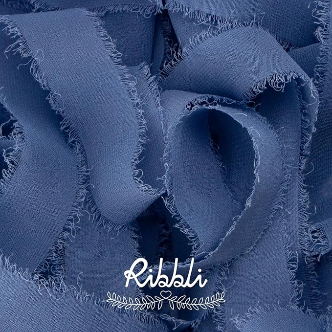 Ribbli Dusty Blue Ribbon 1 Inch x 3 Rolls Total 24 Yards Blue Handmade Fringe Chiffon Silk Ribbon for Wrapping Wedding Invitations Bridal Bouquets DIY Crafts Home Decor