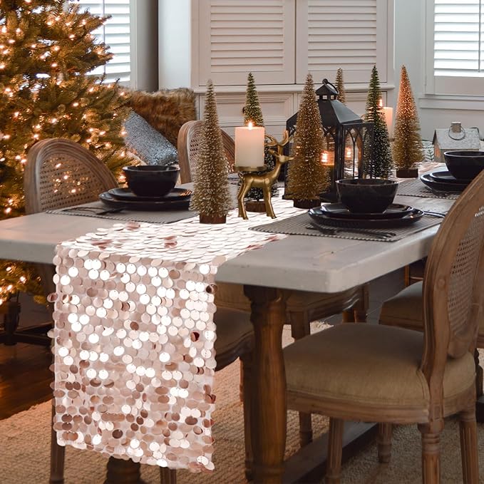 VHH Sequin Table Runner 12 x 108 inches Rose Gold Table Runner, Glitter Runner for Party Wedding Birthday, Party Spring Easter Rustic, Birthday Supplies Decorations (1 Pack).