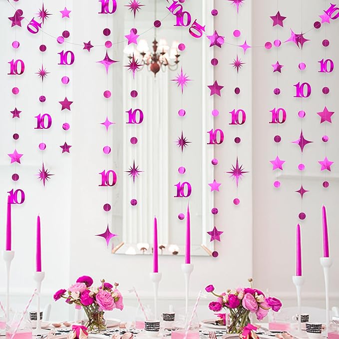 Hot Pink 10th Birthday Decorations Number 10 Circle Dot Twinkle Star Garland Metallic Hanging Streamer Banner Backdrop for Girls Double Digits Ten Year Old Birthday 10th Anniversary Party Supplies