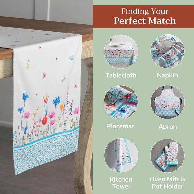Maison d' Hermine Table Runner 100% Cotton Single Layer Table Runners 108 inches Long Decorative for Home Kitchen Dining Party Wedding Bridal Shower Spring Summer (Flower in The Field, 14.50" x 108")