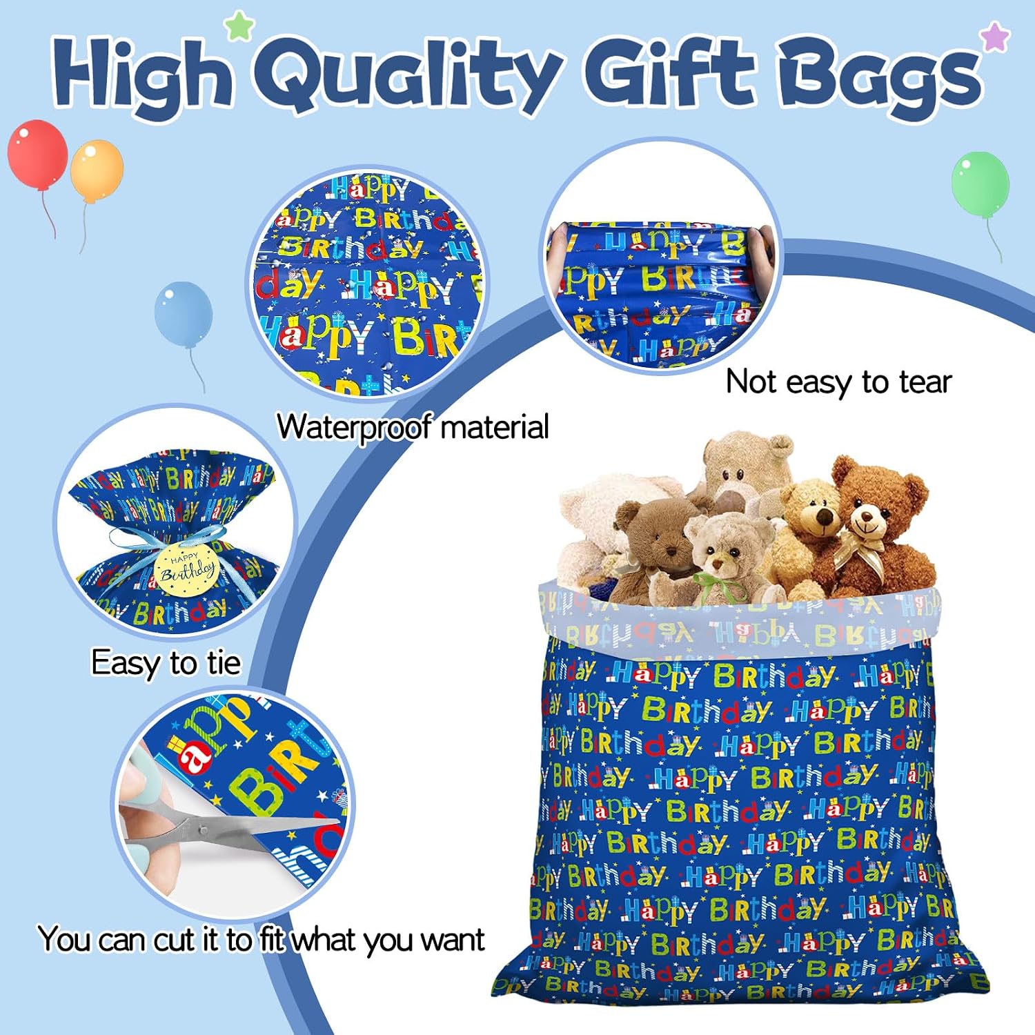 Laidans 56" Extra Large Blue Plastic Gift Bag, Jumbo Happy Birthday Gift Bag with Tag and Tie for Boy Kids Birthdays Parties or Holiday