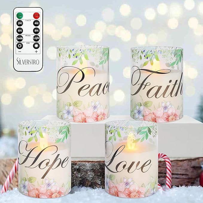 Silverstro Christmas Flameless Candles Glass Flickering Real Wax Floral LED Candles with Remote - Home Party Room Botanical Holiday Decor Set of 4