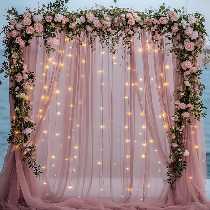 Fomcet Dusty Rose Tulle Backdrop Curtains with Lights String 10FT X 10FT Sheer Curtains with Lights Tulle Curtain Backdrop for Wedding Birthday Party Photo Shoot (2 Panels 5x10FT)