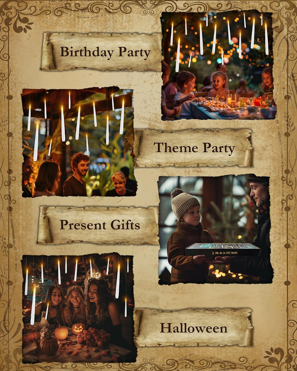 Raycare 20 Pcs Floating Candles with Wand, Hanging Candle with Timer, Magic Deco Candles Flickering Warm Light, Flameless Taper Candle with Remote, LED Candlesticks for Birthday Halloween Party Decor