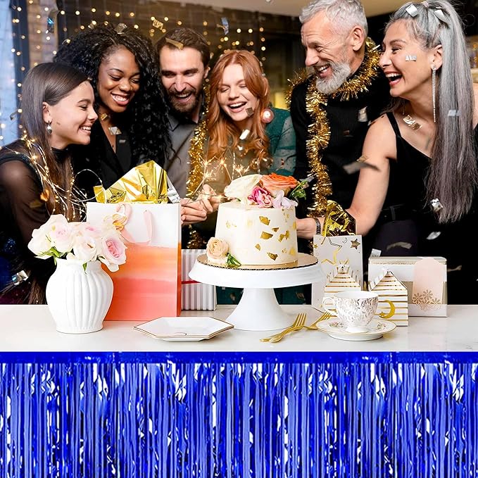 3 Pack 29 x108 Inch Blue Foil Fringe Table Skirts Metallic Banner for Tinsel Streamer Garland Backdrop for Parade Floats Mother's Day, Graduate, Birthday, Wedding Party Decoration