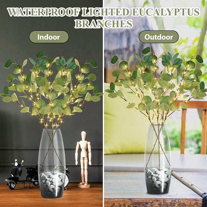 Lighted Artificial Eucalyptus Branches with Timer, Light Up Eucalyptus Branches 33in 99 Led, Battery Powered Vase Lights, Greenery Plant for Home Christmas Party Wedding Decor Indoor Outdoor