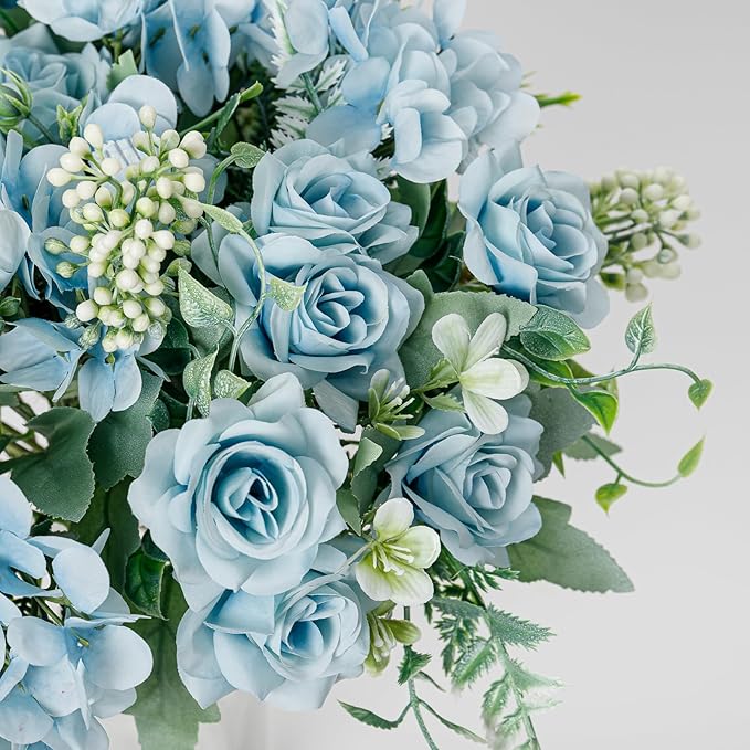 Artificial Flower 5 Branches Artificial Silk Fake Flowers Bouquet Small Roses for Wedding Home Office Tables Decor 2 Packs(Light Blue)