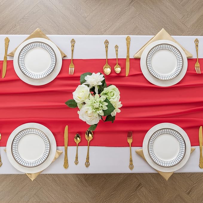 12Pack 9ft Chiffon Table Runner 14x108 Inch Sheer Romantic Table Runner for Wedding Birthday Party Bridal Shower Outdoor Decoration-Red