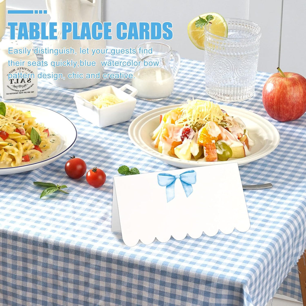 Whaline 80 Pcs Blue Bow Place Cards 8 Design Watercolor Bowknot Tented Name Cards 2 x 3.5 Inch Scalloped Blank Seat Assignment Labels for Party Table Setting Supplies
