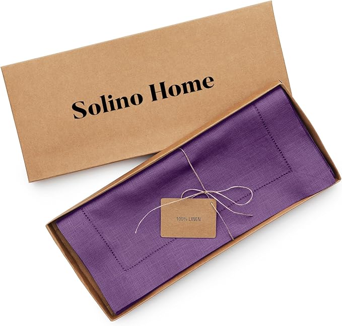 Solino Home Linen Table Runner 90 Inches Long - Classic Hemstitch 100% Pure Linen Purple Dining Table Runner 14 x 90 Inch for Fall, Autumn, Halloween, Thanksgiving, Holiday