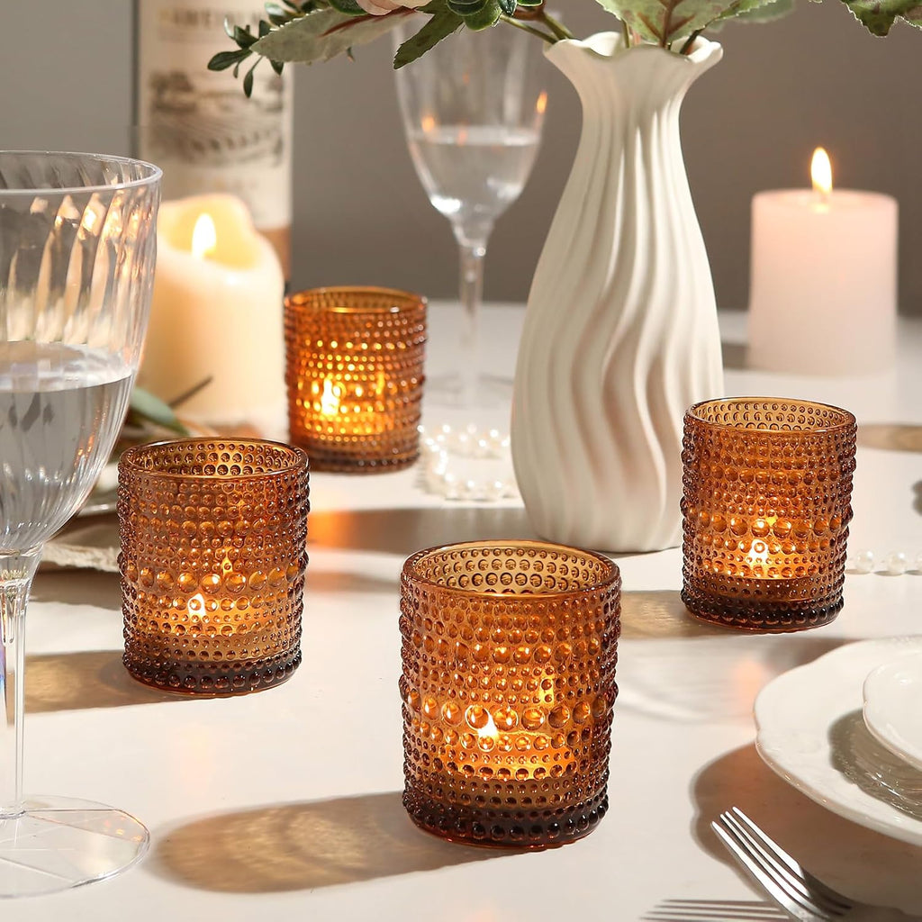 12Pcs Amber Votive Candle Holders 2x2.5in, Glass Tea Light Candle Holder for Wedding Table Decor & Christmas Thanksgiving