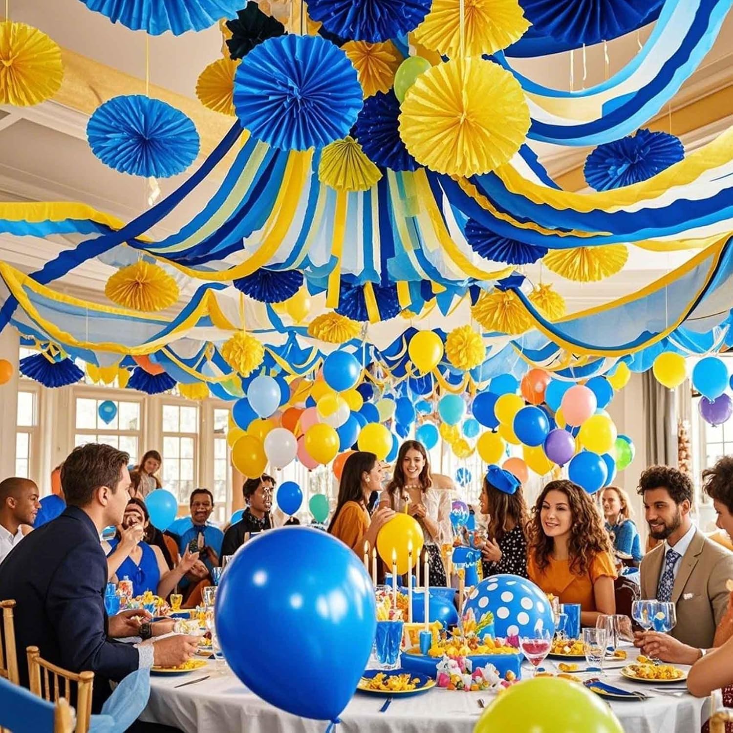 Yellow and Blue Crepe Paper 6 Pcs Streamers for Party Decorations, Birthday Wedding DIY Crafts, Gift Wrapping Supplies