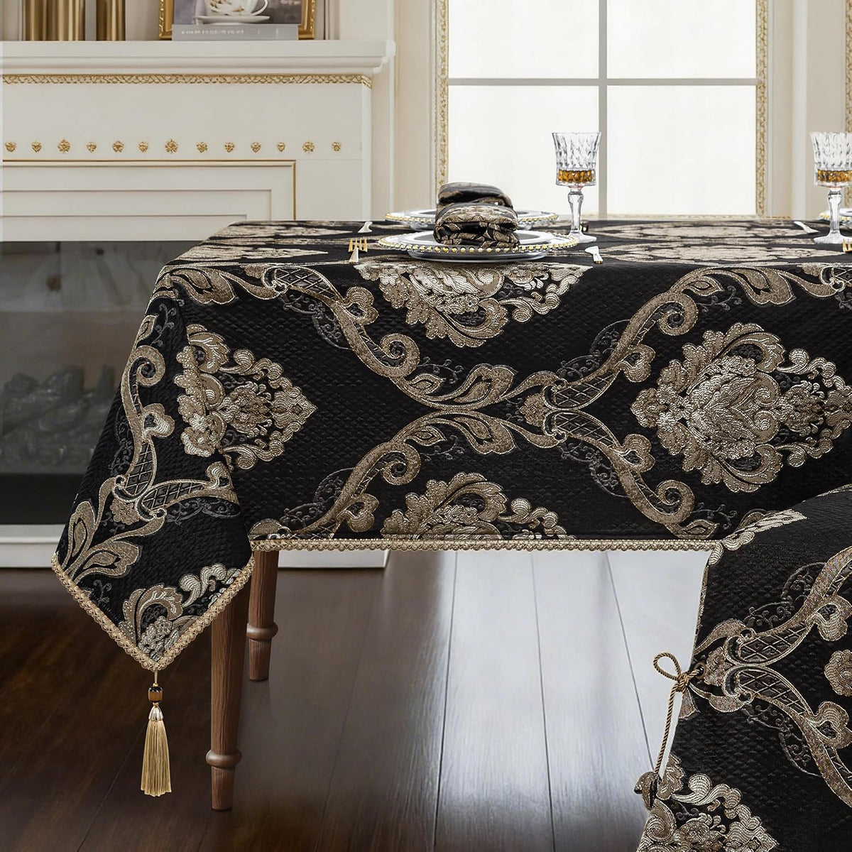 Loom and Mill Black Rectangle Tablecloth Jacquard Fabric 60 x 120 Inches