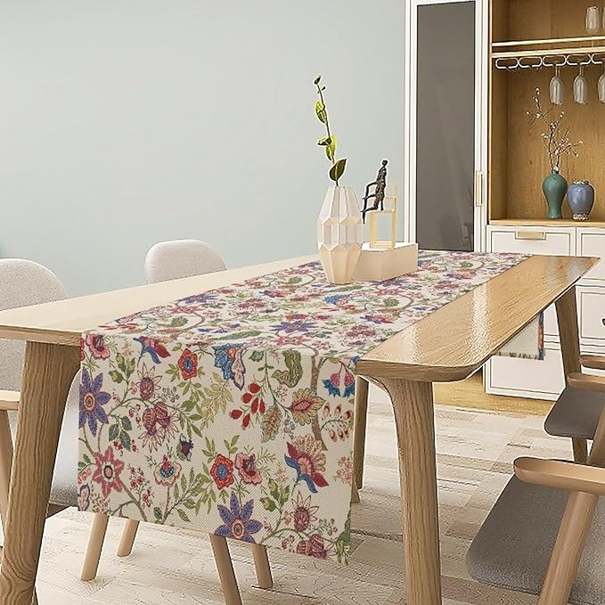Spring Floral Table Runner, Boho Floral Pattern Natural Plant Table Decoration for Home Kitchen Restaurant Holiday Party,13in（33cm） W * 108in（274cm） L