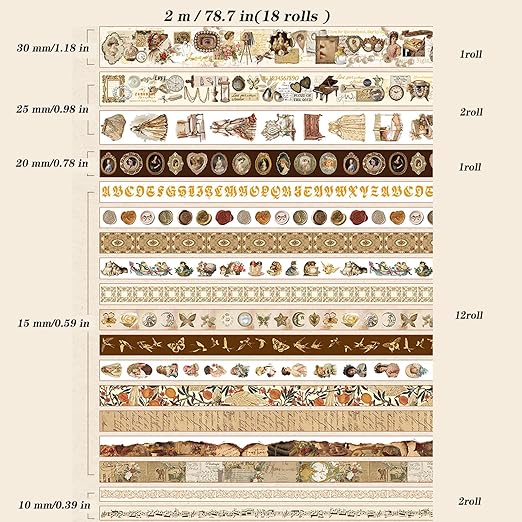 18 Rolls Vintage Victorian Washi Tape Set Journal Tape for Crafts and Journaling DIY Scrapbooking Supplies washi Tape for Scrapbooking Decorative Tape