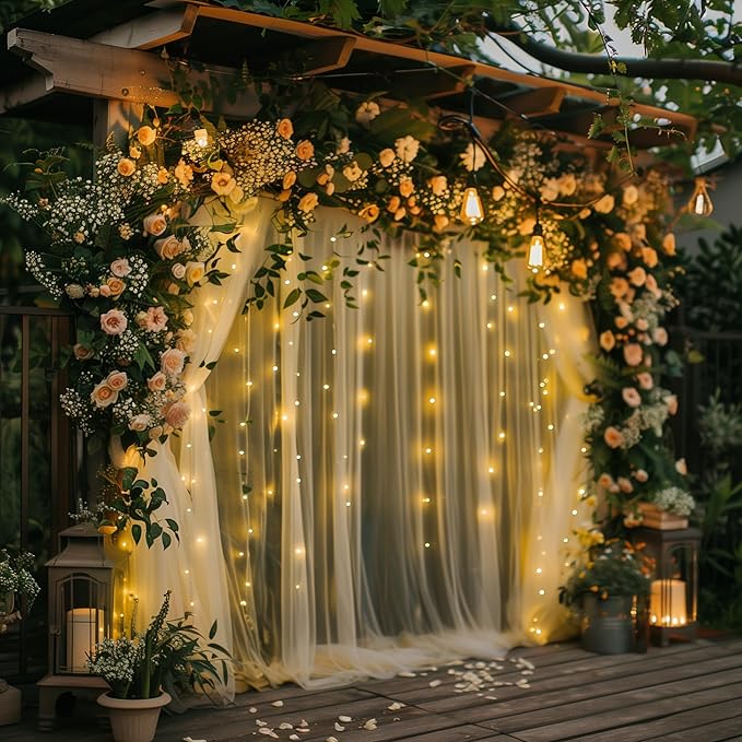 Tulle Backdrop Curtain with Lights String 20 X 10FT Champagne Sheer Tulle Backdrop Curtains for Wedding Birthday Party Reception Photo Booth Background Decorations (4 Panels 5x10FT)