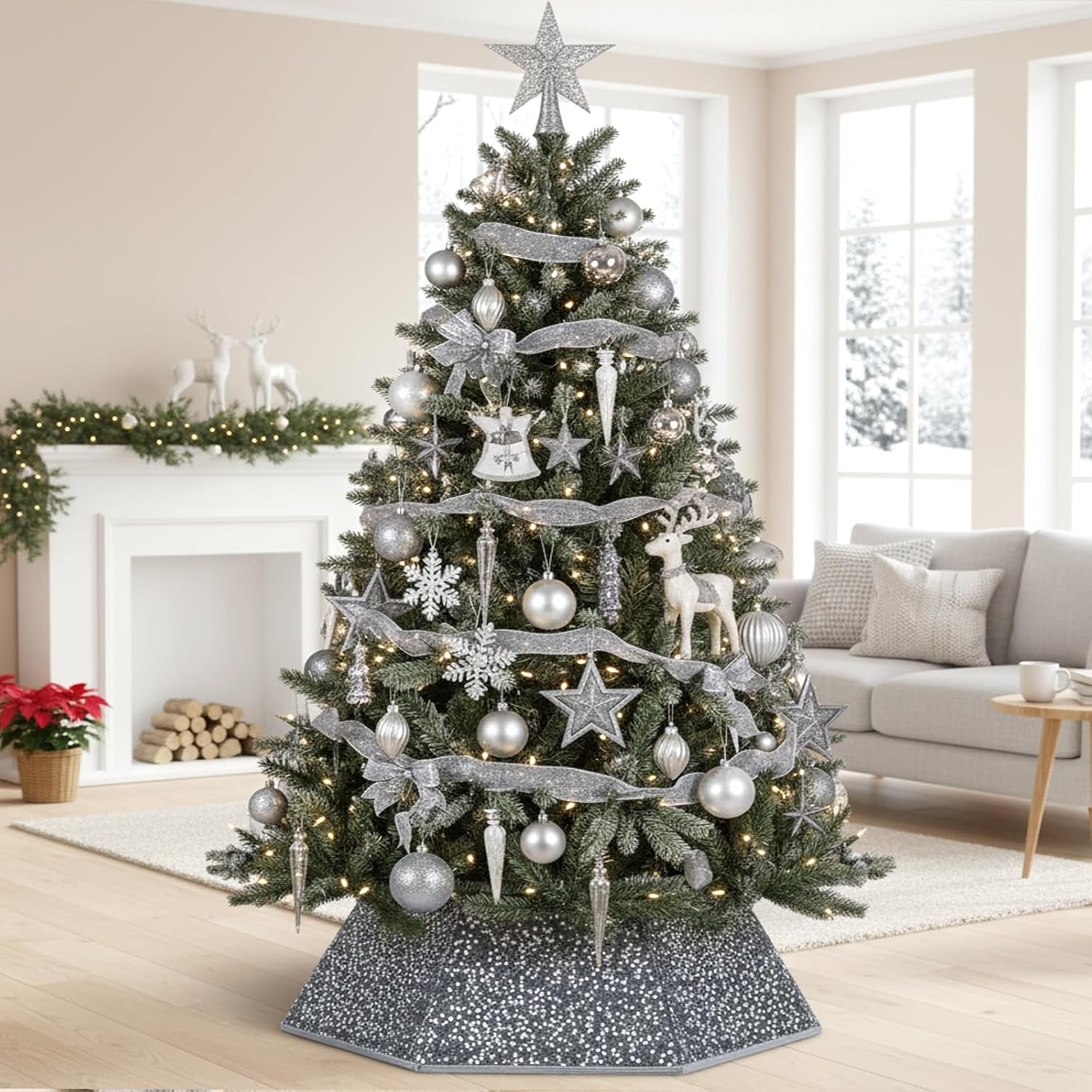 Christmas Tree Collar with Sparkling Sequin Tree Skirt for Holiday Home Decor Xmas Tree Ring(Silvergrey, X-Large)