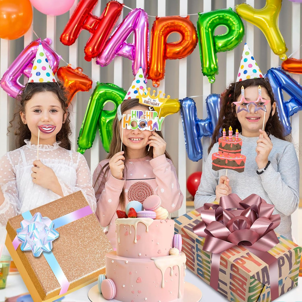 18 Pcs Gift Bows, 16 Assorted Size Gift Bows and 2 Crimped Curling Ribbons | Ideal for Party Gift Wrapping Birthday Decoration(6 Colors)