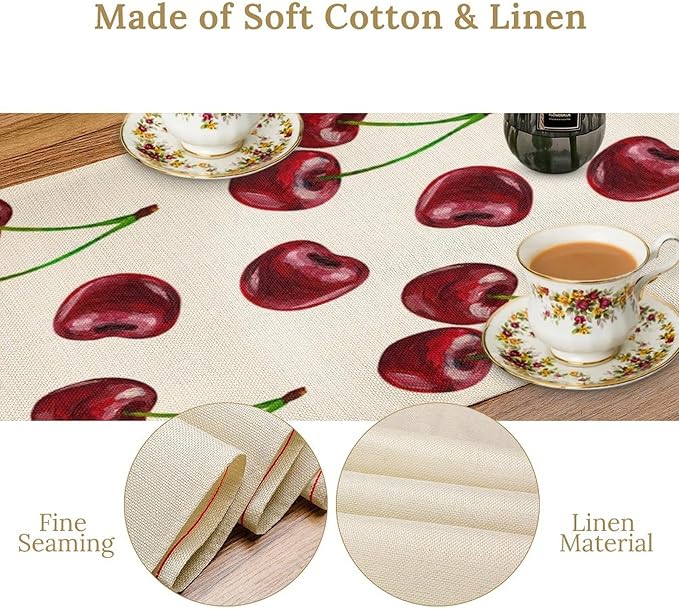 Red Cherry Table Runner Watercolor Spring Summer Wild Berry Tropical Fruit Theme Dinner Runner for Girl Baby Shower Party Holiday Home Kitchen Dining Table Decor 13x108