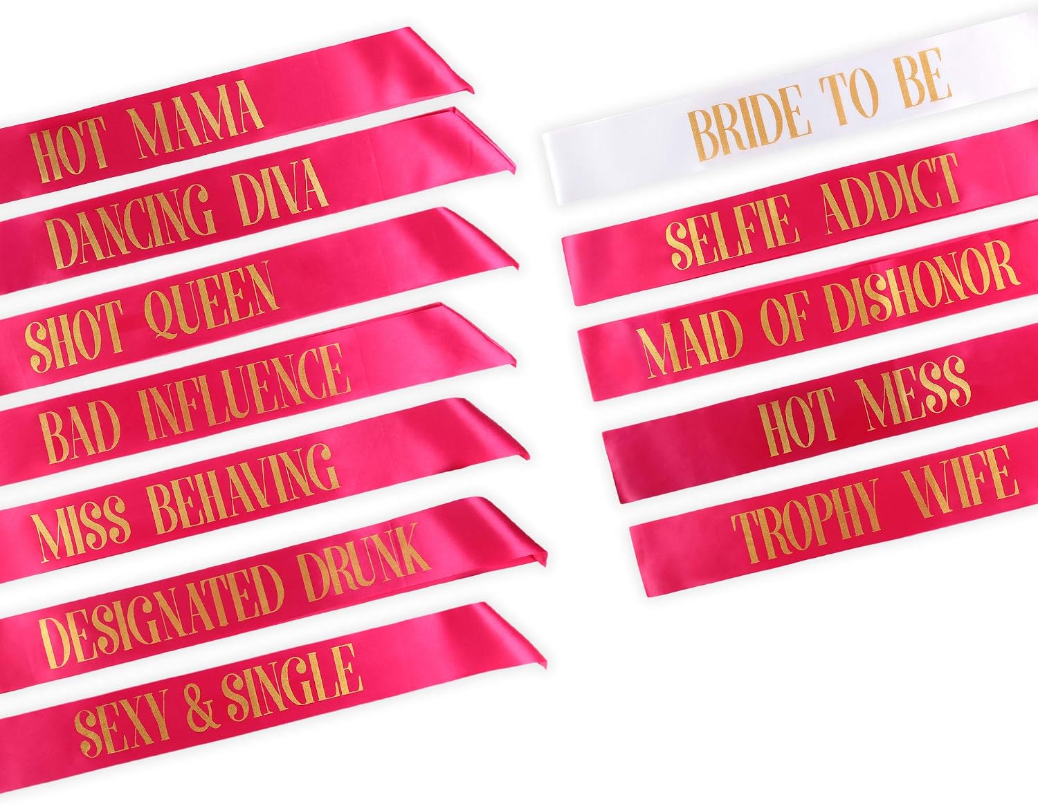 Pop Fizz Designs Bachelorette Sash Set (12 pcs) 1 White Bride to Be Sash + 1 Maid of Honor Sash + 10 Bachelorette Sashes for The Bride Tribe - Amazing Bachelorette Party Favors
