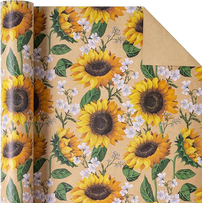 WRAPAHOLIC Kraft Floral Wrapping Paper Roll - Mini Roll - 17 Inch x 9.8 Feet - Sunflower Wrapping Paper, Perfect for Wedding, Birthday, Bridal Shower, Tea Party