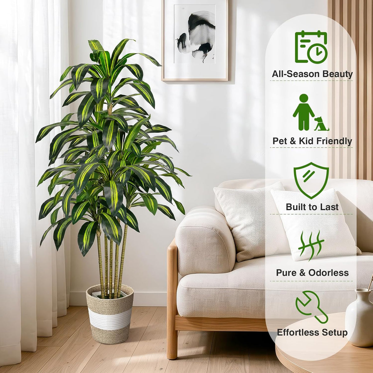 5FT Faux Dracaena Plant with Planter & Built-in Basket