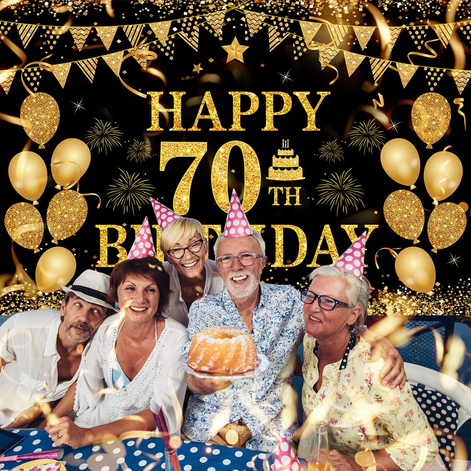 70th Birthday Decorations Happy 70th Birthday Banner for Men Women Black Gold 70 Years Birthday Party Decorations Background for Home Birthday Decor(71 x 45 inch)