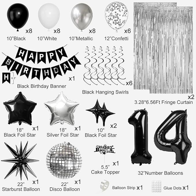 14th Birthday Decorations for Boys Girls, Black Silver Happy Birthday Party Decorations， 14 Year Old Party Supplies with Number 14 Balloons, Banner, Fringe Curtains Kit