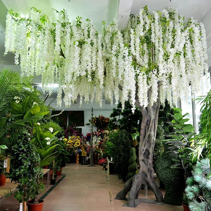5 Pack White Wisteria Hanging Flowers Garland, 3.77 Feet Artificial Flower Vines, Fake Wisteria, Artificial Vines Hanging Garland for Backdrop Outdoor Yard Garden Decor